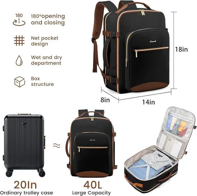 Alt view image 3 of 7 - 40L Large Travel Backpack for Women Men 17 Inch Carry on Backpack for Traveling on Airplane Personal Item Bag Airline Approved Business Causal Weekender Backpack Black-Brown