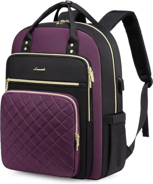 Main image of Laptop Backpack Purse for Women 15.6 Laptop Bag for Travel with USB Port Water Resistant Lightweight Daypacks for College Work Business Nurse Teacher Computer Bags Purple Black