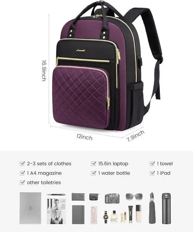 Alt view image 2 of 7 - Laptop Backpack Purse for Women 15.6 Laptop Bag for Travel with USB Port Water Resistant Lightweight Daypacks for College Work Business Nurse Teacher Computer Bags Purple Black