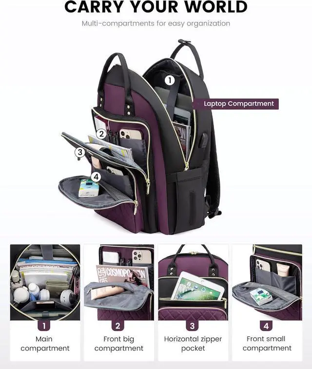 Alt view image 3 of 7 - Laptop Backpack Purse for Women 15.6 Laptop Bag for Travel with USB Port Water Resistant Lightweight Daypacks for College Work Business Nurse Teacher Computer Bags Purple Black