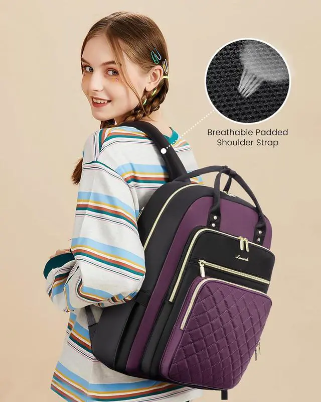 Alt view image 4 of 7 - Laptop Backpack Purse for Women 15.6 Laptop Bag for Travel with USB Port Water Resistant Lightweight Daypacks for College Work Business Nurse Teacher Computer Bags Purple Black