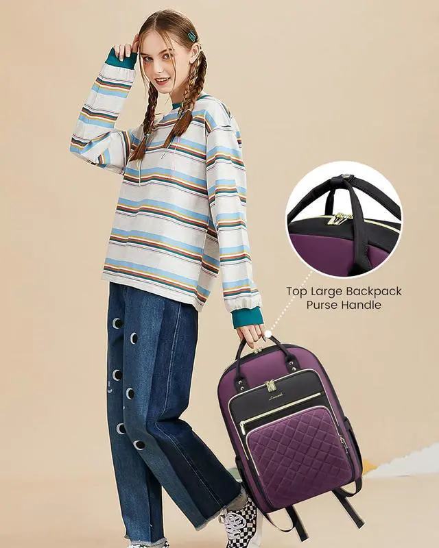 Alt view image 5 of 7 - Laptop Backpack Purse for Women 15.6 Laptop Bag for Travel with USB Port Water Resistant Lightweight Daypacks for College Work Business Nurse Teacher Computer Bags Purple Black