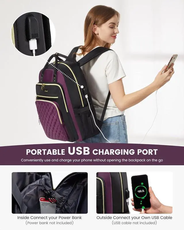 Alt view image 6 of 7 - Laptop Backpack Purse for Women 15.6 Laptop Bag for Travel with USB Port Water Resistant Lightweight Daypacks for College Work Business Nurse Teacher Computer Bags Purple Black