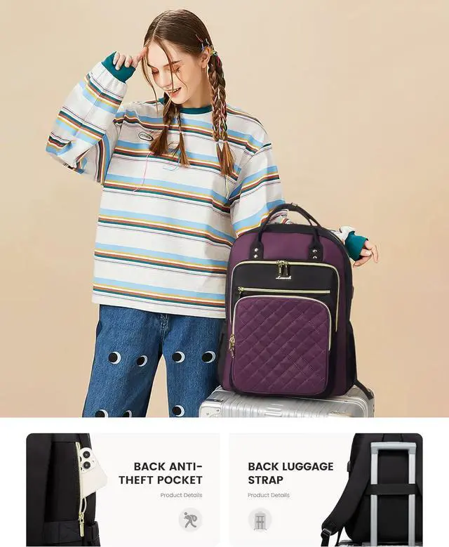 Alt view image 7 of 7 - Laptop Backpack Purse for Women 15.6 Laptop Bag for Travel with USB Port Water Resistant Lightweight Daypacks for College Work Business Nurse Teacher Computer Bags Purple Black