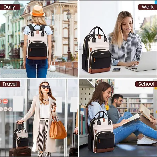 Alt view image 2 of 6 - Backpack Purse for Women Fits 17 Inch Laptop Fashion Travel Work Anti-theft Bag Business Computer Waterproof University Backpacks Beige-Black-Brown