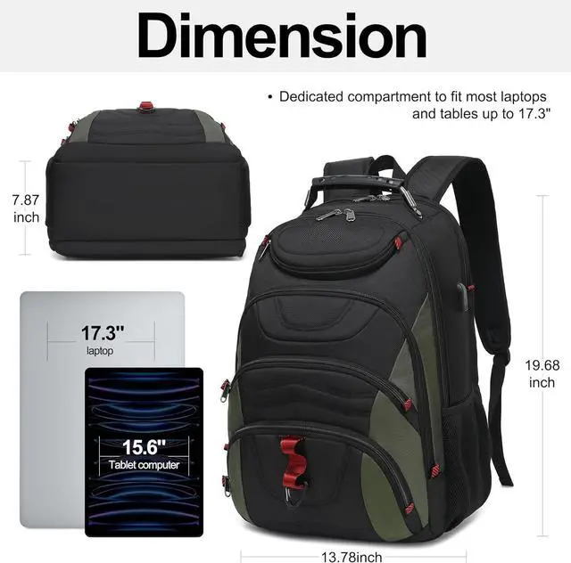 Alt view image 2 of 7 - Laptop Backpack for men 17.3 inch Laptop Bag with USB Port Waterproof Travel Work Backpack Purse Anti-Theft Teacher Nurse Doctor Casual Bookbags Office Business backpackBlack&Army Green
