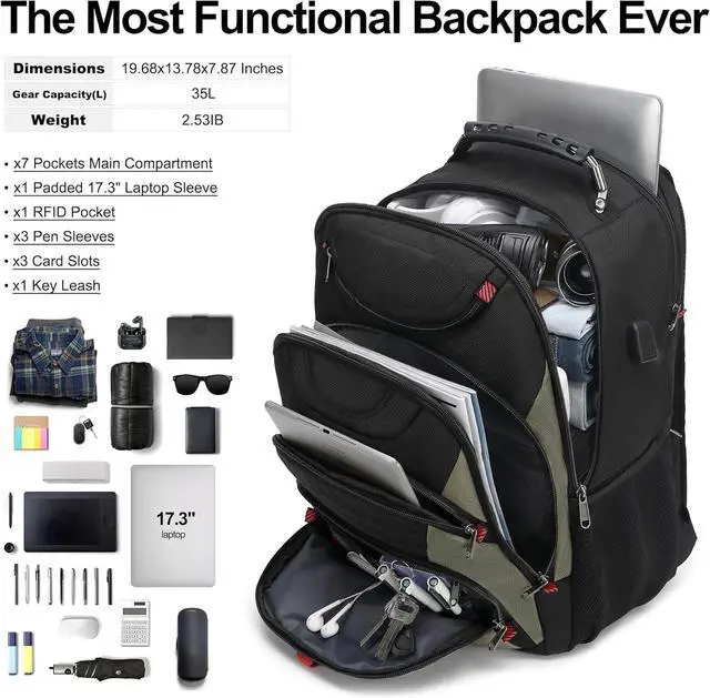 Alt view image 5 of 7 - Laptop Backpack for men 17.3 inch Laptop Bag with USB Port Waterproof Travel Work Backpack Purse Anti-Theft Teacher Nurse Doctor Casual Bookbags Office Business backpackBlack&Army Green