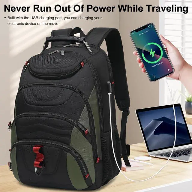 Alt view image 7 of 7 - Laptop Backpack for men 17.3 inch Laptop Bag with USB Port Waterproof Travel Work Backpack Purse Anti-Theft Teacher Nurse Doctor Casual Bookbags Office Business backpackBlack&Army Green