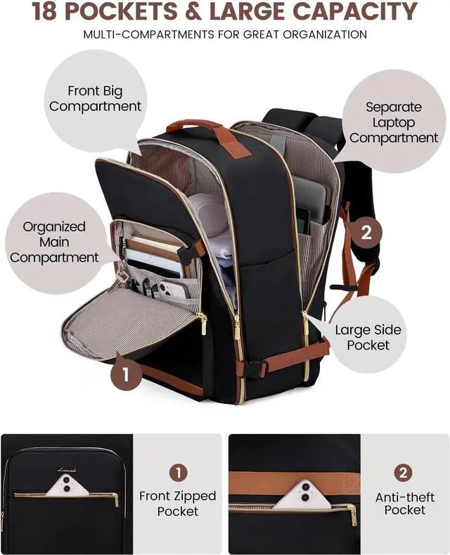 Alt view image 3 of 7 - 40L Travel Backpack for Women & Men Large Carry on Backpack for Airplanes with 3 Packing Cubes TSA Personal Item Travel Bag fits 17 Laptop Waterproof Travel Essentials Airline Approved