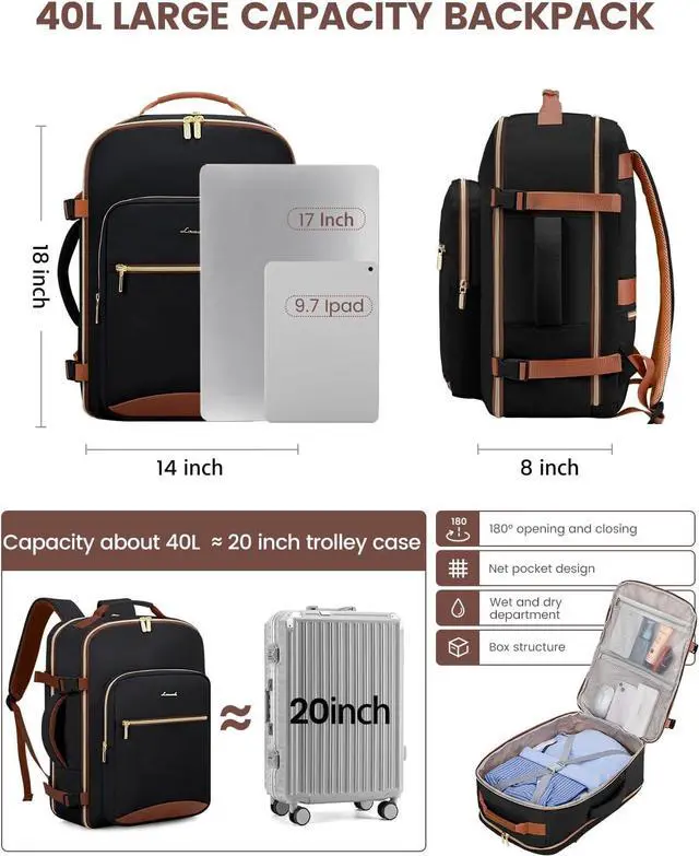 Alt view image 4 of 7 - 40L Travel Backpack for Women & Men Large Carry on Backpack for Airplanes with 3 Packing Cubes TSA Personal Item Travel Bag fits 17 Laptop Waterproof Travel Essentials Airline Approved