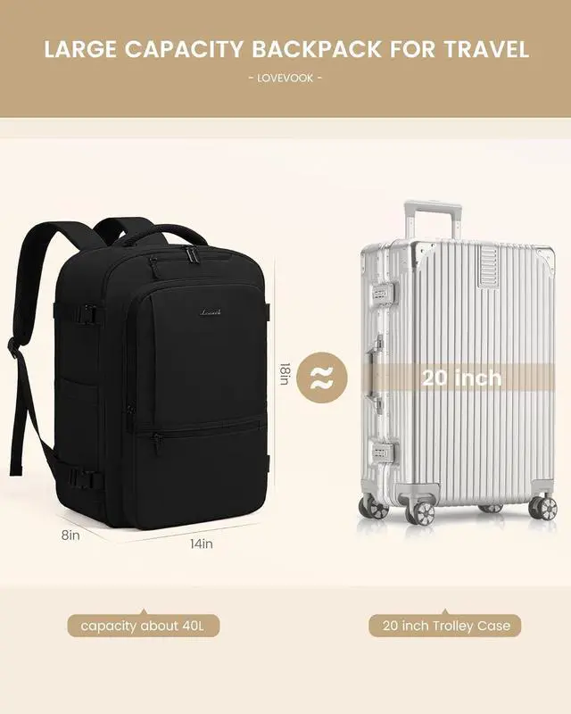 Alt view image 3 of 7 - Travel Backpack for Women & Men 40L Large Carry On Backpack Airline Approved TSA Personal Item Weekender Bag Water Resistant Laptop Backpack with 3 Packing Cubes for Travel Essentials
