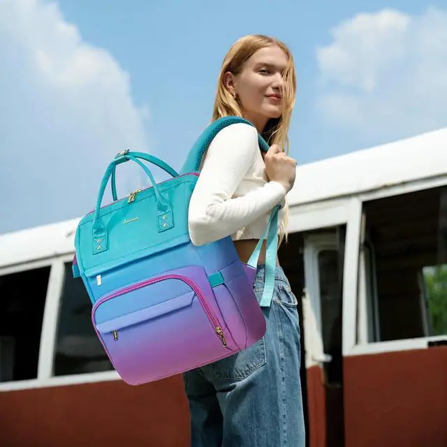 Alt view image 2 of 7 - Gradient Laptop Backpack for Women 17.3 Inch Work Computer Bakcpack Purse Laptop Bag With Anti-Theft Pocket Waterproof Carry on Teacher College Backpack for Travel Green-Red