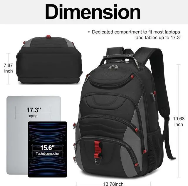 Alt view image 2 of 7 - Laptop Backpack for men 17.3 inch Laptop Bag with USB Port Waterproof Travel Work Backpack Purse Anti-Theft Teacher Nurse Doctor Casual Bookbags Office Business backpackBlack&Dark Grey