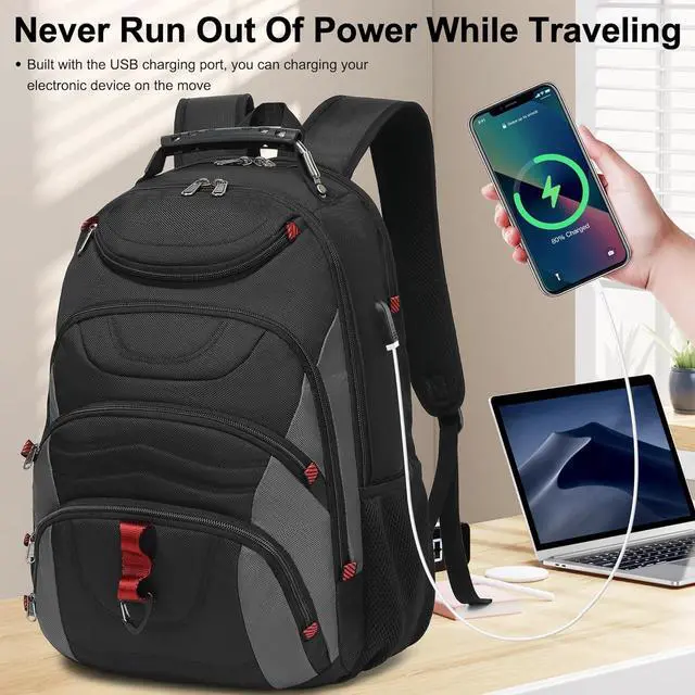 Alt view image 7 of 7 - Laptop Backpack for men 17.3 inch Laptop Bag with USB Port Waterproof Travel Work Backpack Purse Anti-Theft Teacher Nurse Doctor Casual Bookbags Office Business backpackBlack&Dark Grey