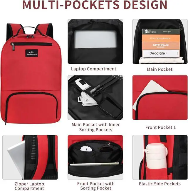 Alt view image 2 of 7 - Travel Backpack for Women 15.6 inch Laptop Backpack Water Resistant College Backpack Red Computer Bags for Work Business Daily School Backpacks for Boys Girls