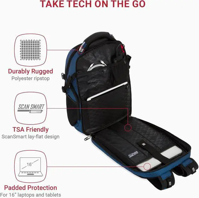 Alt view image 2 of 7 - Travel Tech Elite Laptop Backpack  Fits Laptops up to 16  ScanSmart TSA-Friendly Backpack with USB Port Shoe Compartment & Organizer Pockets  Blue/Black