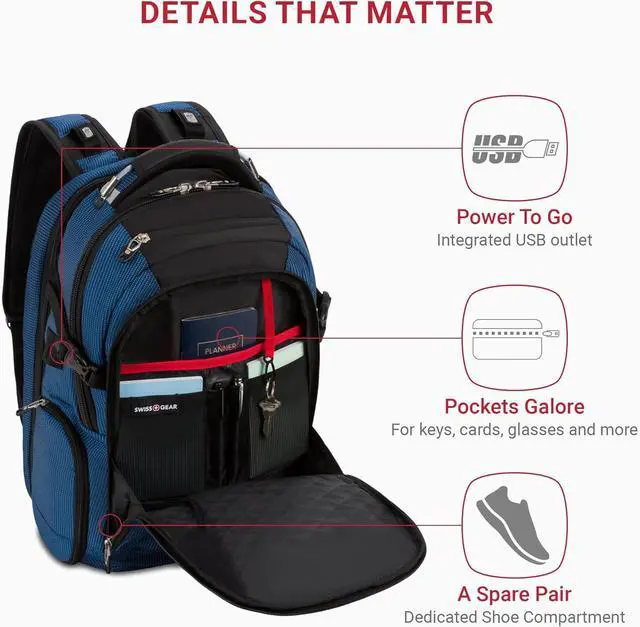 Alt view image 3 of 7 - Travel Tech Elite Laptop Backpack  Fits Laptops up to 16  ScanSmart TSA-Friendly Backpack with USB Port Shoe Compartment & Organizer Pockets  Blue/Black