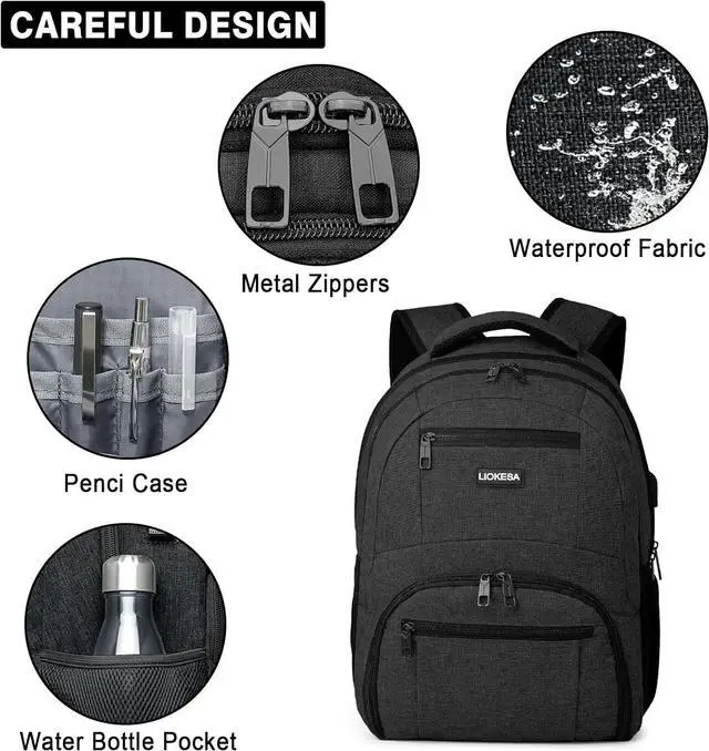 Alt view image 5 of 7 - Backpack for Men Women School Backpacks for Teen Boys Girls Water Resistant Laptop Backpack with USB Charger 15.6 Inch Black College Bookbag