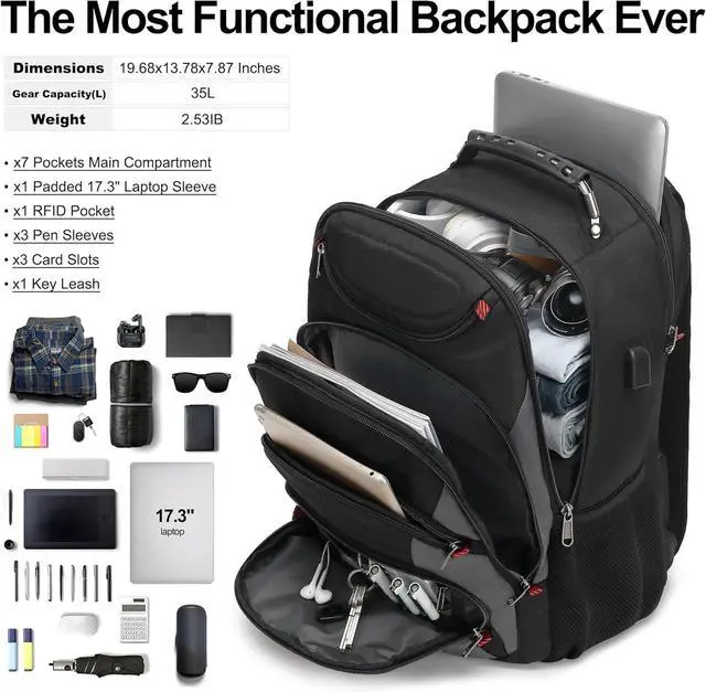 Alt view image 5 of 7 - Laptop Backpack for men 17.3 inch Laptop Bag with USB Port Waterproof Travel Work Backpack Purse Anti-Theft Teacher Nurse Doctor Casual Bookbags Office Business backpackBlack&Dark Grey