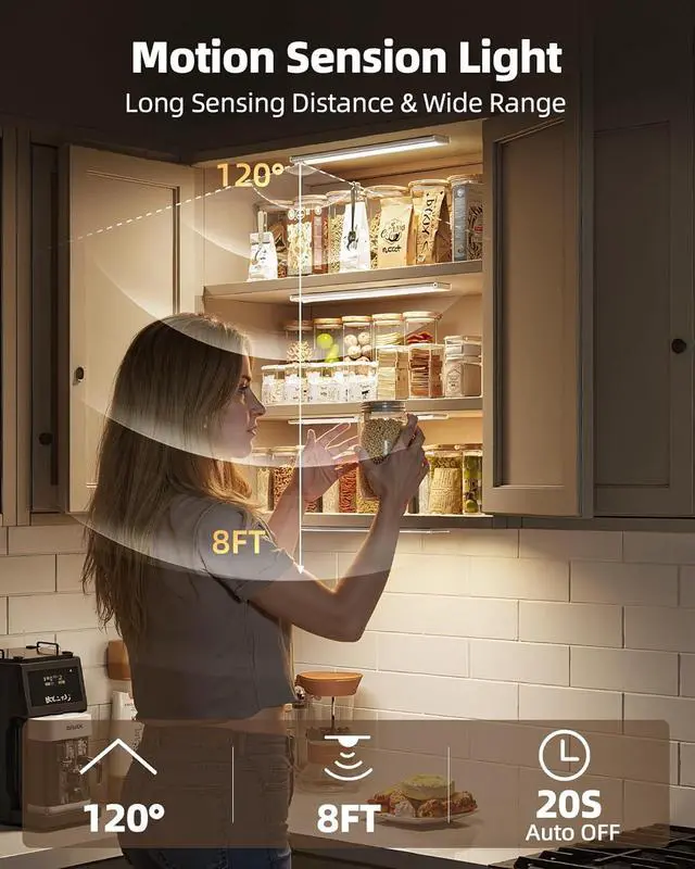 Alt view image 2 of 7 - Under Cabinet Lighting LED Motion Sensor Light Indoor Rechargeable Motion Activated Under Cabinet Lights Battery Operated Dimmable & 3 Color Temps Wireless Under Counter Lights for Kitchen(6Pack)