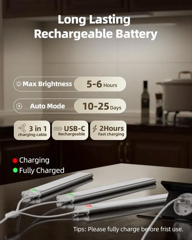 Alt view image 4 of 7 - Under Cabinet Lighting LED Motion Sensor Light Indoor Rechargeable Motion Activated Under Cabinet Lights Battery Operated Dimmable & 3 Color Temps Wireless Under Counter Lights for Kitchen(6Pack)