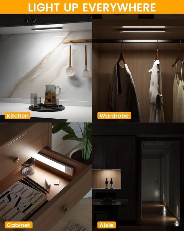 Alt view image 6 of 7 - Under Cabinet Lights Motion Sensor Light Indoor USB-C Rechargeable LED Closet Lights Battery Operated Under Cabinet Lighting Wireless Under Counter Lights for Kitchen(White 3Pack)