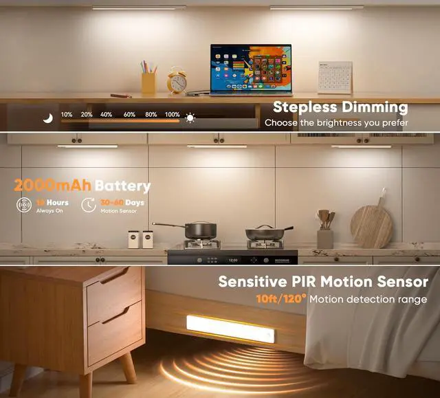 Alt view image 2 of 7 - Under Cabinet Lights with Digital Display LED Rechargeable Motion Sensor Light Indoor 3 Color Temperatures Magnetic Dimmable Closet Light Under Counter Lights for Kitchen Stairs 2-Pack