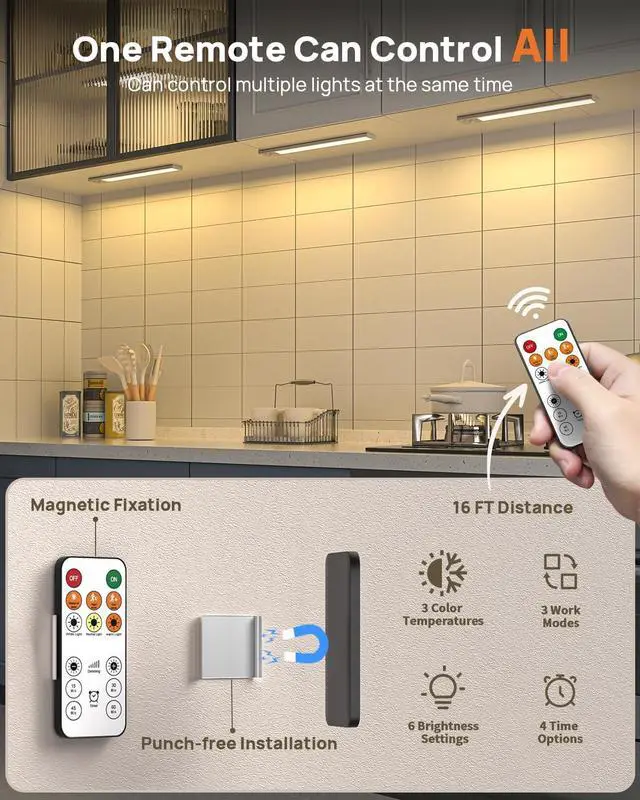 Alt view image 3 of 7 - Under Cabinet Lights with Remote Control,16 inch LED Motion Sensor Light Indoor,4000mAh USB Rechargeable Closet Lights, 3 Color Temps Wireless Under Counter Lights for Bedroom,Wardrobe,Stairs, 4 Pack