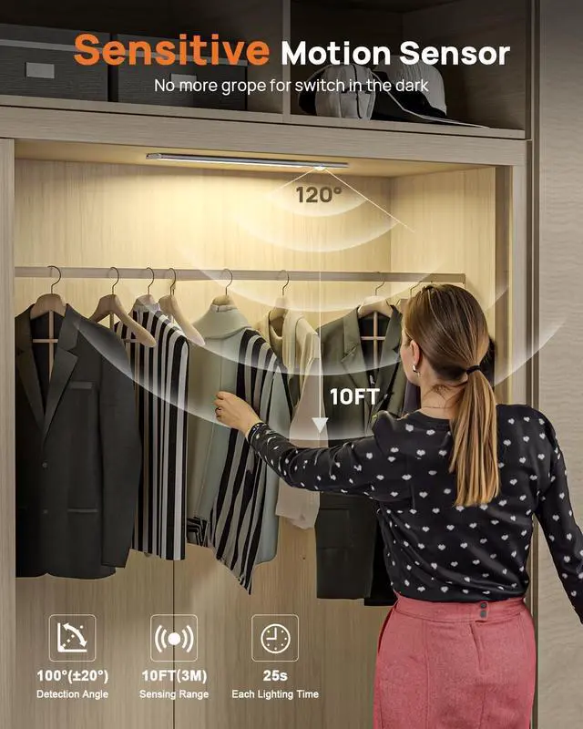 Alt view image 4 of 7 - Under Cabinet Lights with Remote Control,16 inch LED Motion Sensor Light Indoor,4000mAh USB Rechargeable Closet Lights, 3 Color Temps Wireless Under Counter Lights for Bedroom,Wardrobe,Stairs, 4 Pack