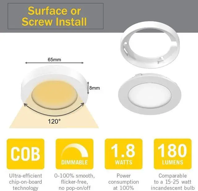 Alt view image 2 of 6 - Under Cabinet Lights Plug in with Wired Touch Dimmer Switch Recessed or Surface Mount Natural White 3000K 12V 2W(12W Total 60W Equivalent) 6 Pack White Puck Lights Fixtures