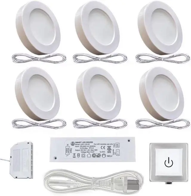 Main image of Under Cabinet Lights Plug in with Wired Touch Dimmer Switch Recessed or Surface Mount Natural White 3000K 12V 2W(12W Total 60W Equivalent) 6 Pack White Puck Lights Fixtures