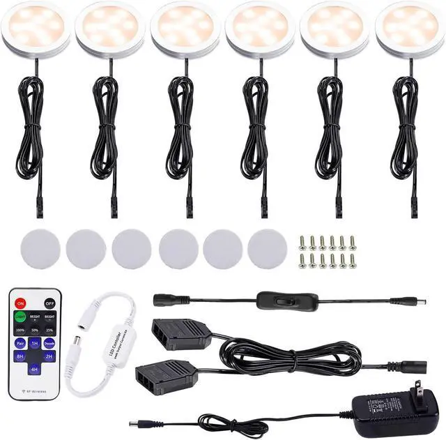 Main image of 12V LED Under Cabinet Lights Kit 6 Pack Black Cord Aluminum Puck Lights for Kitchen Counter Closet Lighting with Wireless Dimmable RF Remote Control 6 Lights 12W (2700K Warm White)