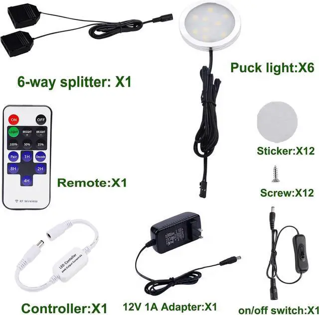 Alt view image 2 of 7 - 12V LED Under Cabinet Lights Kit 6 Pack Black Cord Aluminum Puck Lights for Kitchen Counter Closet Lighting with Wireless Dimmable RF Remote Control 6 Lights 12W (2700K Warm White)