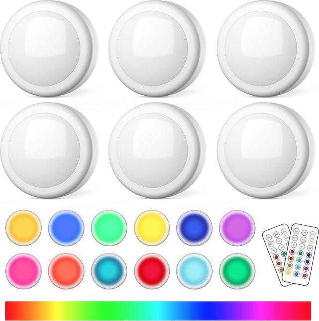 Main image of Puck Lights with Remote Control Battery Operated LED Push Lights Wireless 13 Color RGB - for Closet Bedroom Wall Under Cabinet Battery Powered Puck Lights. Convenient 3M Stick On 6 Pack