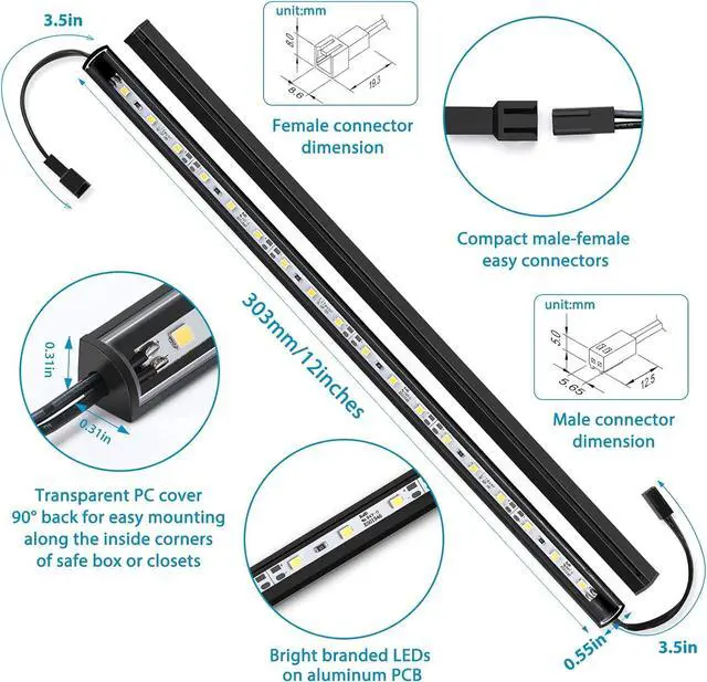 Alt view image 2 of 7 - LED Safe Lighting Kit. Door Control Activated. 6 pcs Slim 12 inch Light Bars. Linkable Extendable Plug-in for Gun Safe Closet Showcase in-Cabinet Under Counter Pantry. Daylight 5000K
