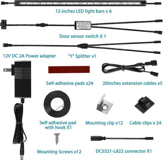 Alt view image 3 of 7 - LED Safe Lighting Kit. Door Control Activated. 6 pcs Slim 12 inch Light Bars. Linkable Extendable Plug-in for Gun Safe Closet Showcase in-Cabinet Under Counter Pantry. Daylight 5000K