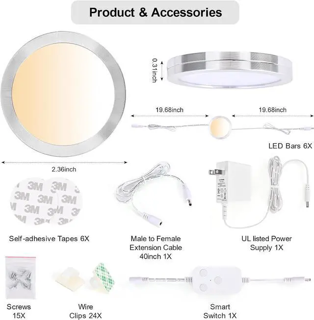 Alt view image 2 of 7 - 6pack LED Puck Light Kit 2700-6000K Smart Round Under Cabinet Lighting with APP Control Compatible with Alexa Google Assistant for Under Counter Kitchen (Silver)