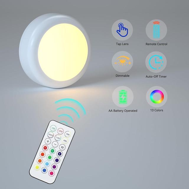 Alt view image 4 of 7 - Puck Lights with Remote Control Battery Operated LED Push Lights Wireless 13 Color RGB - for Closet Bedroom Wall Under Cabinet Battery Powered Puck Lights. Convenient 3M Stick On 6 Pack
