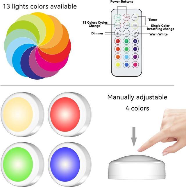 Alt view image 5 of 7 - Puck Lights with Remote Control Battery Operated LED Push Lights Wireless 13 Color RGB - for Closet Bedroom Wall Under Cabinet Battery Powered Puck Lights. Convenient 3M Stick On 6 Pack