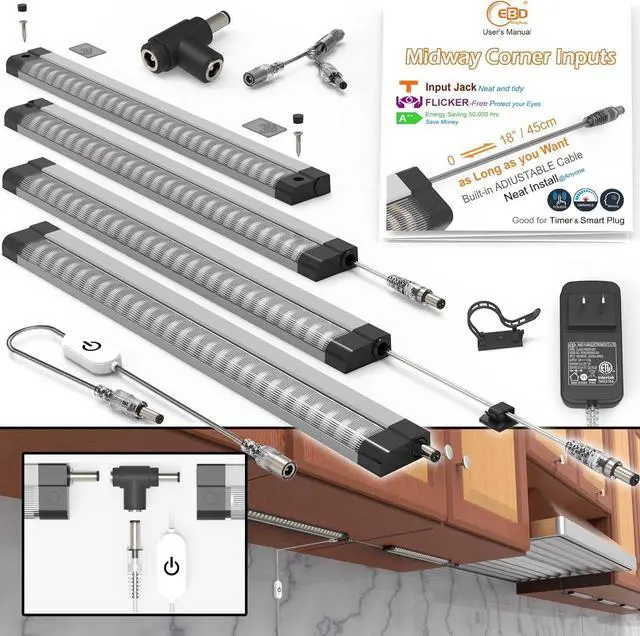 Main image of LED under cabinet lighting for kitchen Built-in Adjustable Cable CORNER INPUT under-counter light fixture 4 Pcs work bench Lights 1800 Lm 6500K Super Bright for Garage Closet Shelf Locker Bookcase