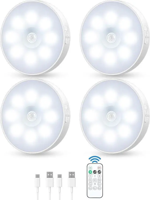 Main image of Motion Sensor Puck Light with Remote Wireless Dimmable Under Cabinet Lights Rechargeable Magnetic Closet Light Stick on Night Light 4-Pack