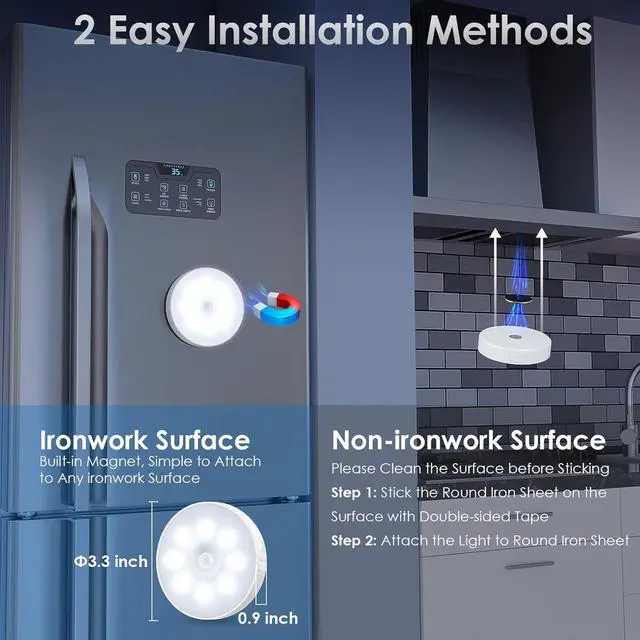 Alt view image 7 of 7 - Motion Sensor Puck Light with Remote Wireless Dimmable Under Cabinet Lights Rechargeable Magnetic Closet Light Stick on Night Light 4-Pack