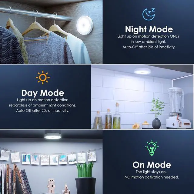 Alt view image 6 of 7 - Motion Sensor Puck Light with Remote Wireless Dimmable Under Cabinet Lights Rechargeable Magnetic Closet Light Stick on Night Light 4-Pack