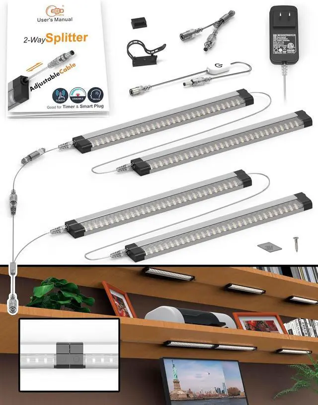 Main image of Display Case Lights Built-in Adjustable Cable for Kitchen Counter 2-Way Splitter Touch Light 4 Panels 1800 Lm 6500K Energy Super Bright Under Cabinet Lighting for Shelves Closet Bookcase & Shelf