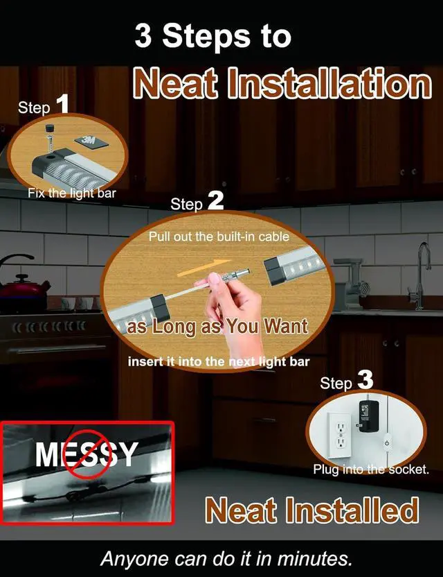 Alt view image 3 of 5 - Display Case Lights Built-in Adjustable Cable for Kitchen Counter 2-Way Splitter Touch Light 4 Panels 1800 Lm 6500K Energy Super Bright Under Cabinet Lighting for Shelves Closet Bookcase & Shelf