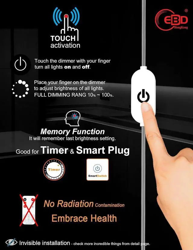 Alt view image 4 of 5 - Display Case Lights Built-in Adjustable Cable for Kitchen Counter 2-Way Splitter Touch Light 4 Panels 1800 Lm 6500K Energy Super Bright Under Cabinet Lighting for Shelves Closet Bookcase & Shelf