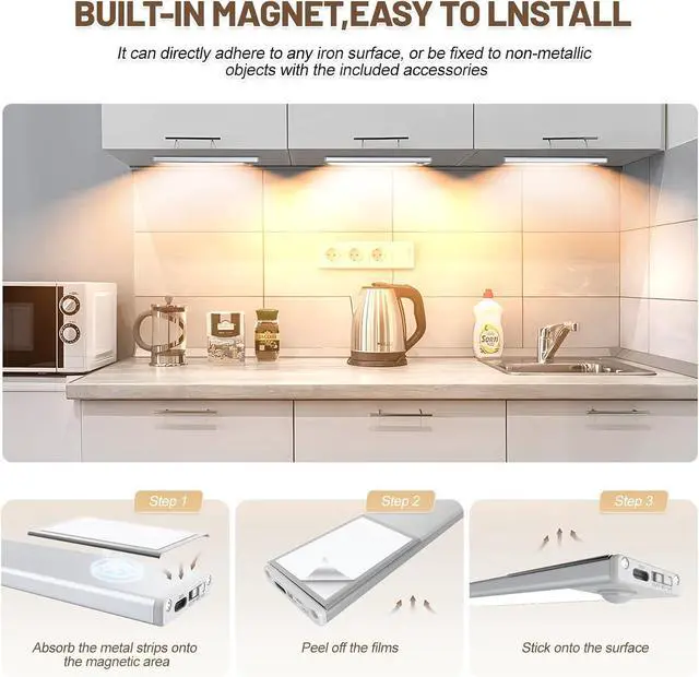 Alt view image 6 of 7 - 6 Pack Under Cabinet Lights Wireless, 40 LED Motion Sensor Light Indoor Rechargeable Magnetic Closet Lights Battery Operated, Under Counter Lights for Kitchen, Wardrobe, Stairs, Warm Light