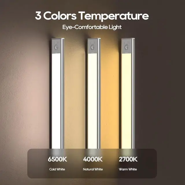 Alt view image 2 of 7 - Under Cabinet Lighting 3 Color Temperatures Motion Sensor Light Indoor USB Rechargeable Cabinet Lights LED Closet Lights Motion Sensored Wireless Under Counter Lights for Kitchen (2 Pack)