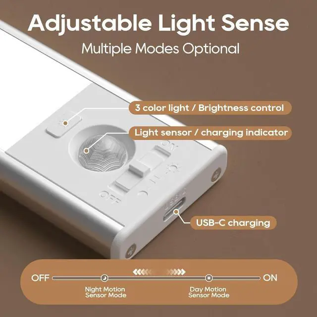 Alt view image 3 of 7 - Under Cabinet Lighting 3 Color Temperatures Motion Sensor Light Indoor USB Rechargeable Cabinet Lights LED Closet Lights Motion Sensored Wireless Under Counter Lights for Kitchen (2 Pack)