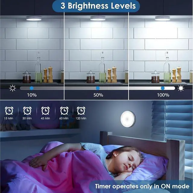 Alt view image 2 of 7 - Motion Sensor Puck Light with Remote Wireless Dimmable Under Cabinet Lights Rechargeable Magnetic Closet Light Stick on Night Light 4-Pack
